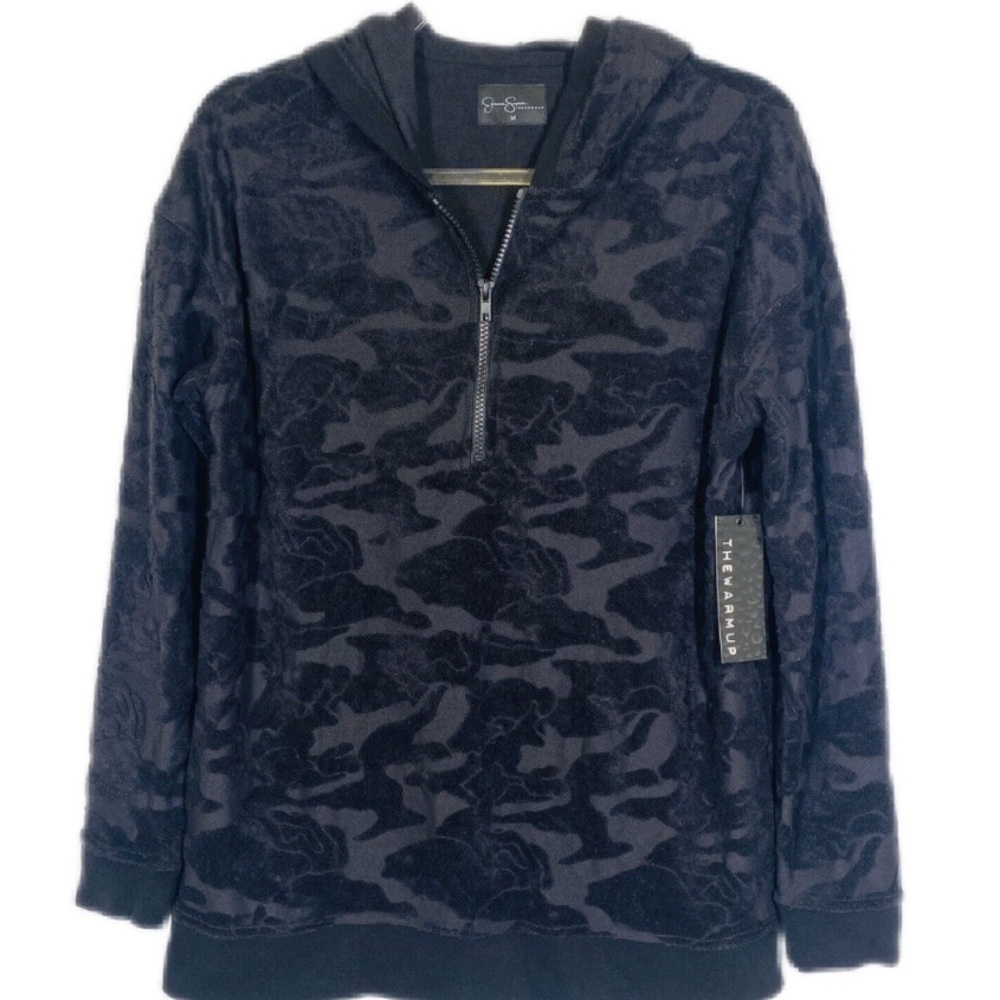 NWT Jessica Simpson The Warmup Hoodie Black Camouflage Textured